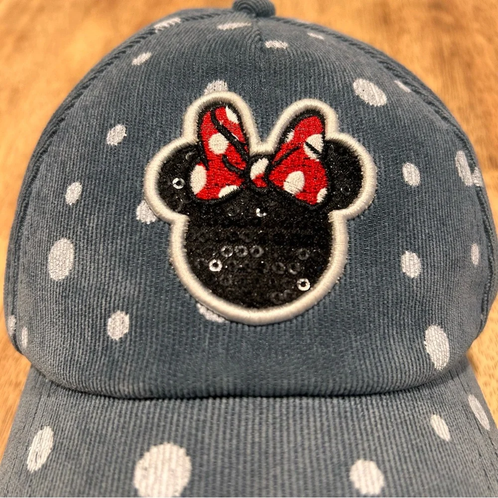 Disney Baseball Hat Kids Blue Corduroy‎ Minnie Mouse Polka Dot Sequins